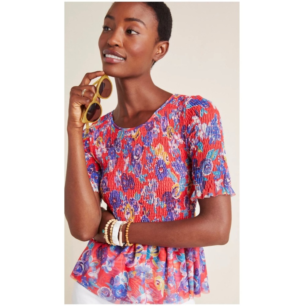 MAEVE Red Multicolor Floral Short Sleeve Blouse
